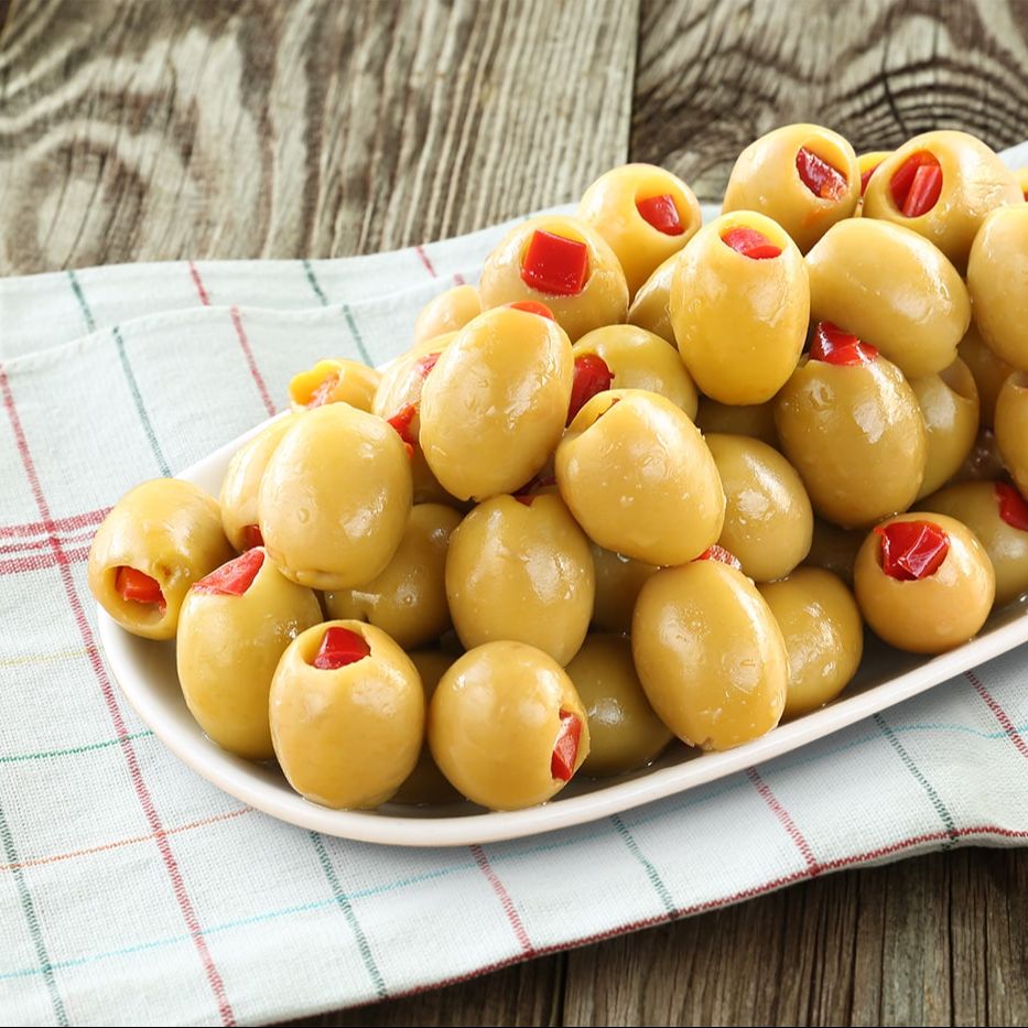 Turkish Pitted Green Olives, Red Pepper 400g  In Glass Jar