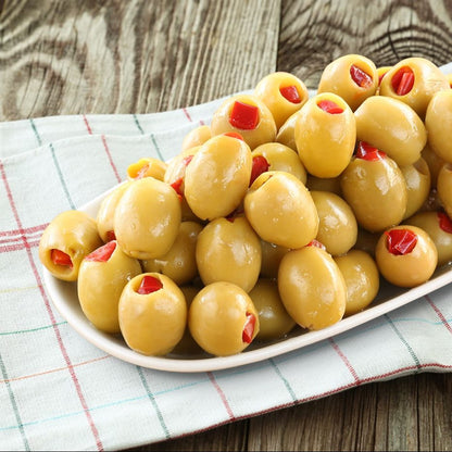 Turkish Pitted Green Olives, Red Pepper 400g  In Glass Jar