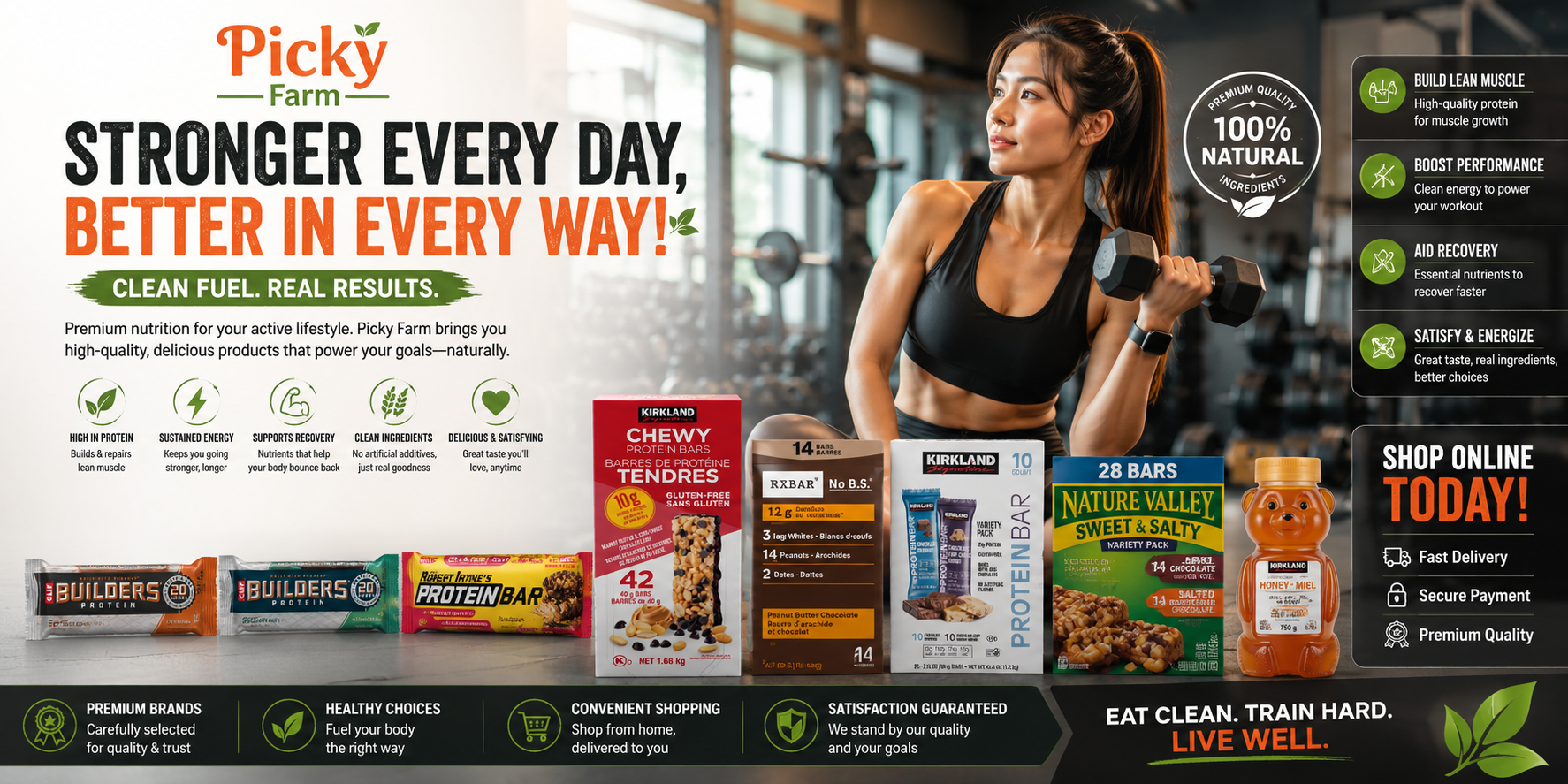 Advertisement for Picky Farm products featuring a woman in a gym.