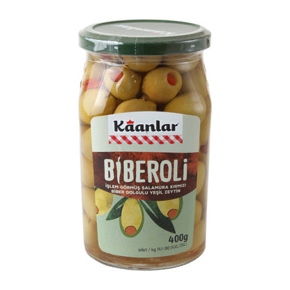 Turkish Pitted Green Olives, Red Pepper 400g  In Glass Jar