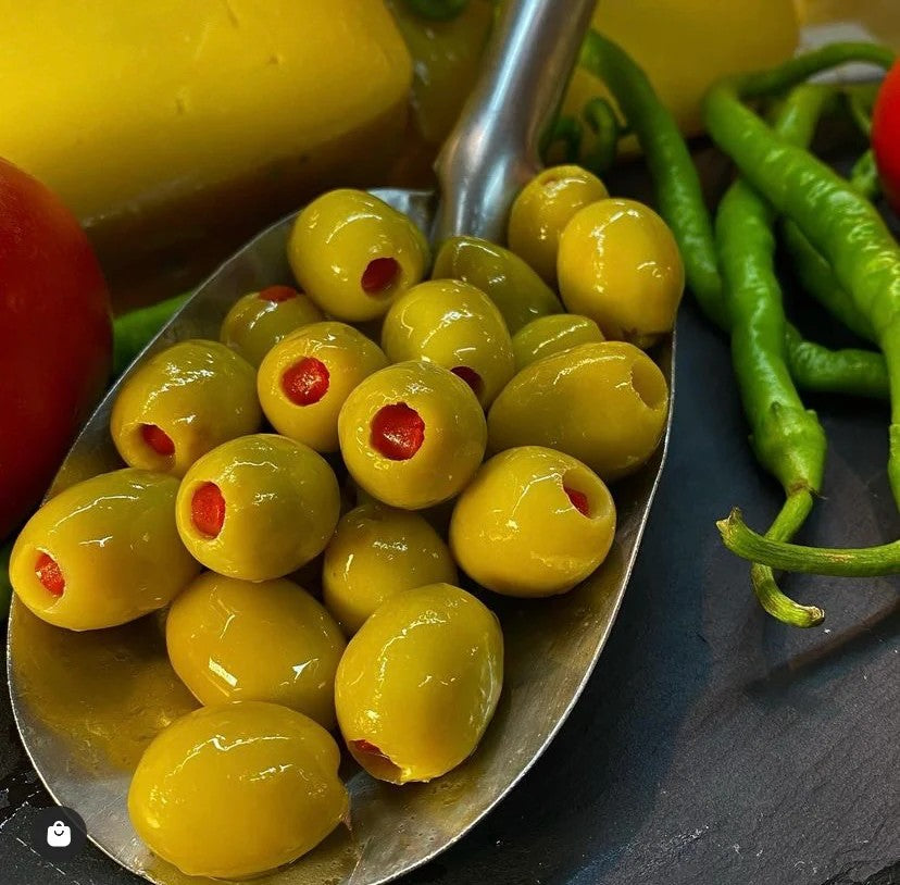 Turkish Pitted Green Olives, Red Pepper 400g  In Glass Jar