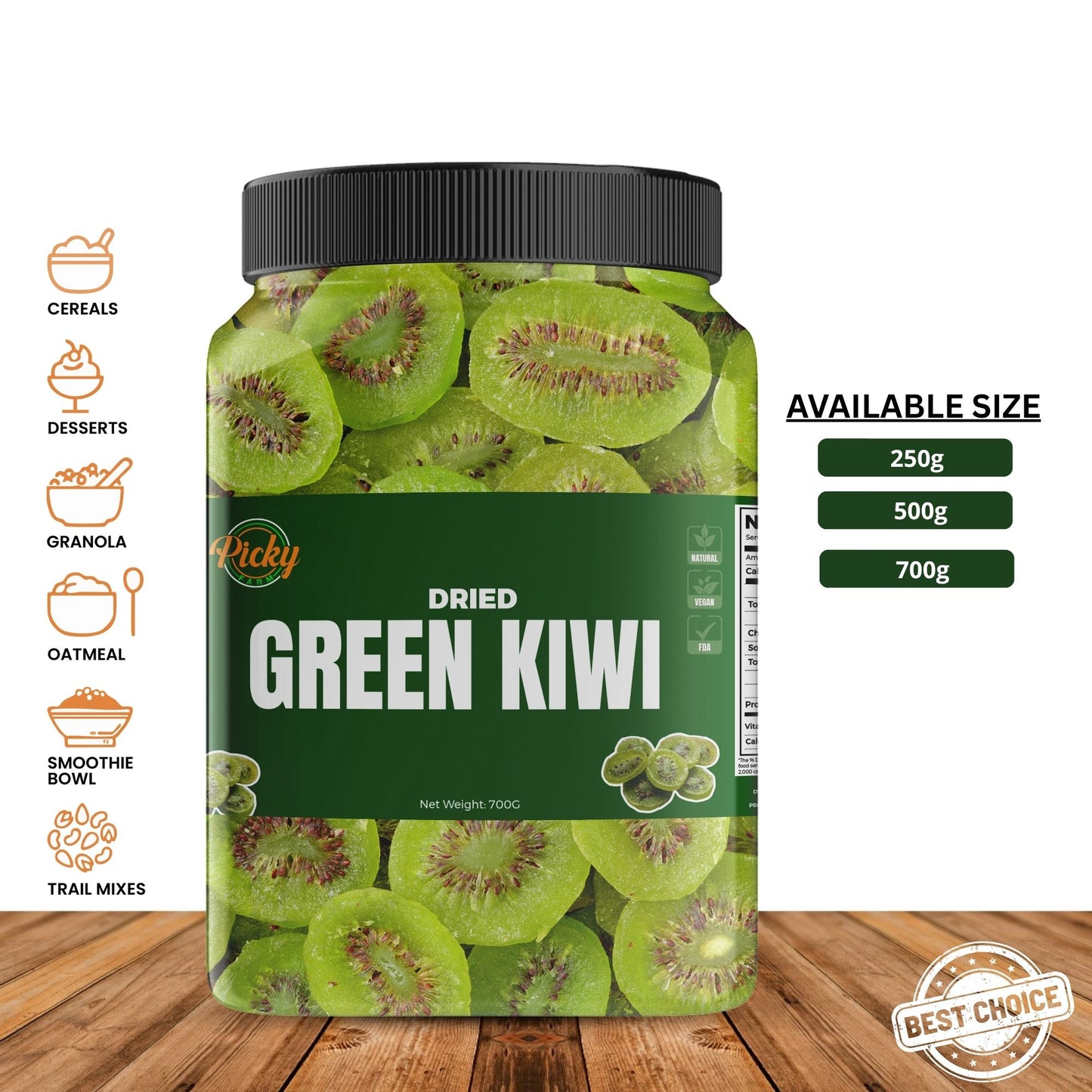 Dried Green Kiwi | Premium Sweet–Tart Kiwi Slices | Sweet–Tart Kiwi Slices